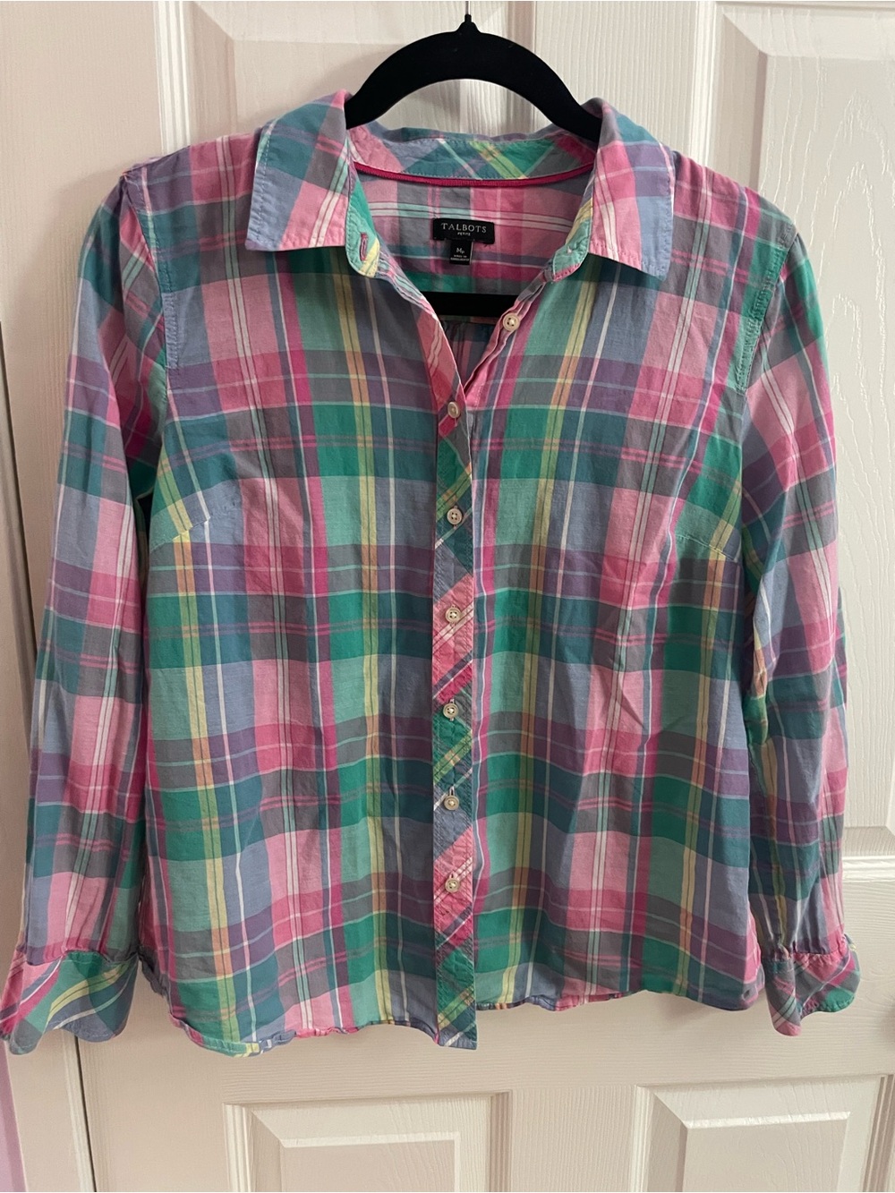 Talbots Pink, Green & Blue Plaid Cotton Button-Front Shirt